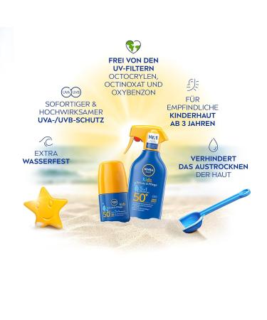 NIVEA Sun Kids Protection & Care 5in1 LSF 50+ Spray - Waterproof Sunscreen with Organic Almond Oil for Sensitive Skin (250 ml) - Buy Online on GoSupps.com