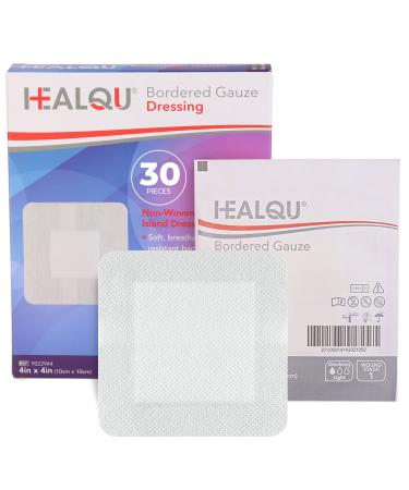 HEALQU Bordered Gauze Island Dressing - 30 Count, 4" x 4" Sterile Individually Wrapped Gauze Pads with Water-Resistant, Non-Woven Backing - Soft and Breathable Wound Dressing for First Aid and Medical 4" x 4" Box of 30