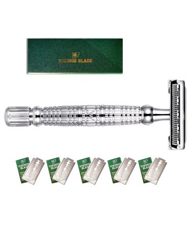 Double Edge Safety Razor by VIKINGS BLADE, Long Handle, Swedish Steel Blades Pack + Luxury Case. Twist to Open, Heavy Duty, Reduces Razor Burn, Smooth, Close, Clean Shave (Model: The Vulcan) Chromium Silver
