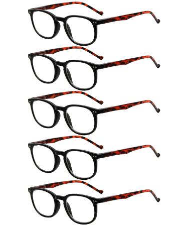 Eyekeper 5-pack spring hinges 80's classic reading glasses black frame turtle arm +2.0 +2.00 black/karet tortose-5 stueck clear lens