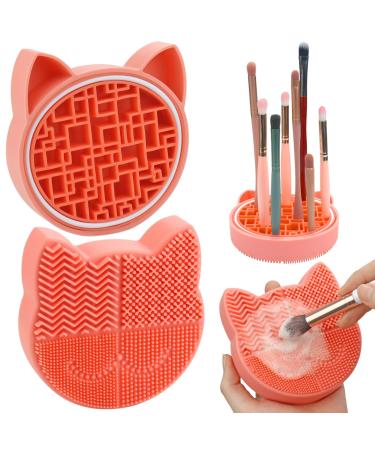 Makeup Brush Cleaning Mat with Drying Holder for Sink- Christmas Silicone Washing Cosmetic Brush Cleaner Pad (Orange)