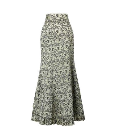 Women Maxi Skirt Floral Ruffles Short Skirt Tulle Skirt Extended Button Skirt Long Printed Skirt Flowing Skirt Green M