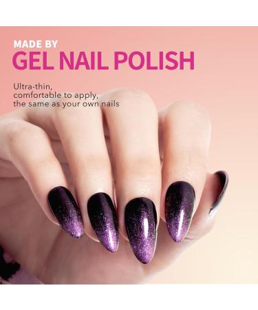 French Tip Press On Nails - Medium Almond Black & Purple Flash Design | 24 Pcs Stiletto Glue On Nails | Dark Romance - Buy Online on GoSupps.com