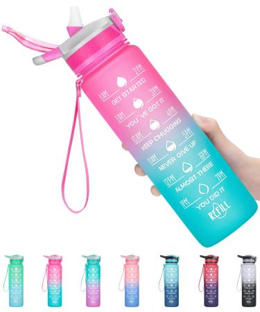 ELYPHINE 32OZ Water Bottles with Removable Straw & Time Marker, Motivational Water Bottle with BPA Free Tritan Material, Leakproof Water Jug for Fitness Sports Eglantine