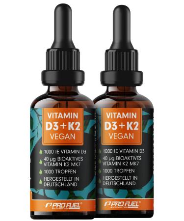 Vitamin D3 + K2 2000 drops vegan - 1000 IE vitamin D3 + 40 MCG K2 MK7 (Pharmaquinone ) - Optimally highly dose - Highest bioavailability - Veganes vitamin D3 from lichen - laboratory test - 2x30ml drops: 2x 1000