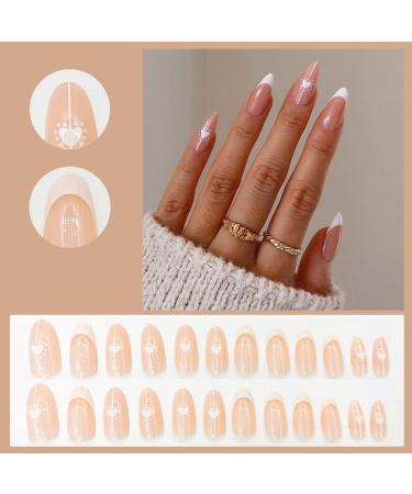 Justotry 24 Pcs Heart Almond Short False Nails - Milky White French Press On Nails with Nail Glue - Oval Medium Stick On Nails for Women - Elegant Fake Nails for Nail Art - Buy Online on GoSupps.com