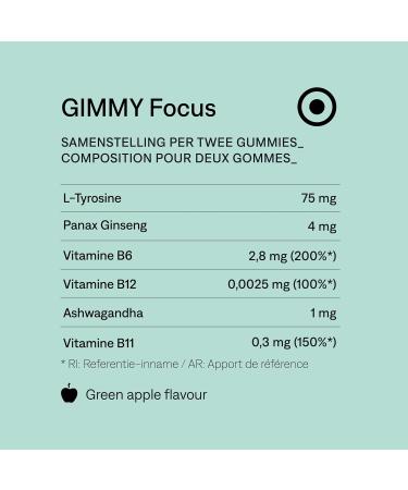 GIMMY Vitamins for concentration with Ashwagandha L-Tyrosine Folic Acid Vitamin B6 Ginseng and Vitamin B12-100% Natural Vegan Sugar Free Green Apple Flavor (60 gums) - Buy Online on GoSupps.com