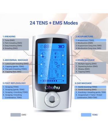 Ohuhu Tens Unit Muscle Stimulator 24 Modes Rechargeable Machine with 16 Pads for Pain Relief - Silver | Mother Father's Day Gift - Buy Online on GoSupps.com