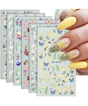 6 Sheets Flower Nail Art Stickers Decals 5D Embossed Nail Supplies Spring Summer Nail Decorations Colorful Flower Green Leaf Butterfly Stereoscopic Cute Design Nail Accessories DIY for Women Girls