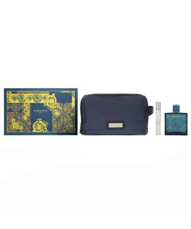 Gianni Versace Eros 3 Pc. Gift Set (Eau De Toilette Spray 3.4 Ounce + Eau De Toilette Spray 0.3 Ounce + Versace Blue Trousse) for Men 3.4 Fl Ounce