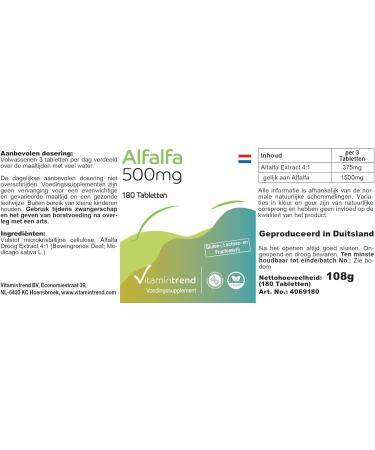 Alfalfa 500mg - 3-Month Supply | 180 Tablets | High-Dose Vegan Bioavailable Supplements from Germany | Vitamin Trend - Buy Online on GoSupps.com