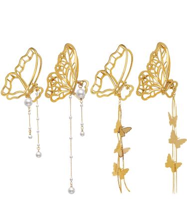4 Pack Metal Big Gold Butterfly Hair Clips with Pearl Clamp Tassel Nonslip Hair Claw Hair Accessories for Women Girls for Thinner Thick Hair Styling One size 4pcs tassel butterfly