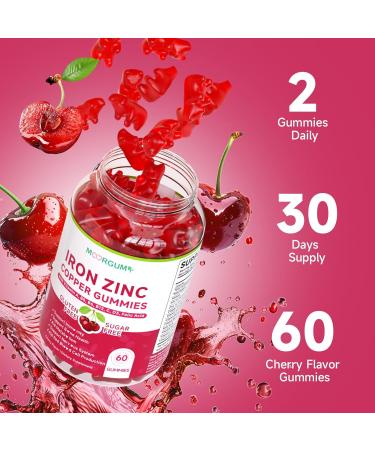 Iron Zinc Copper Supplements for Women & Men Mineral Gummies with Vitamin A B5 B6 C D3 B12 for Adults & Kids Boost Energy Support Immunity & Bone Health Sugar Free Cherry Flavor 60 Count - Buy Online on GoSupps.com