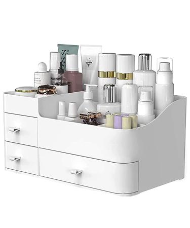 Makeup Organizer with Drawers Large Capacity Countertop Organizer for Vanity Bathroom and Bedroom Desk Cosmetics Organizer for Skin Care Brushes Eyeshadow Lotions Lipstick Nail Polish and Jewelry white