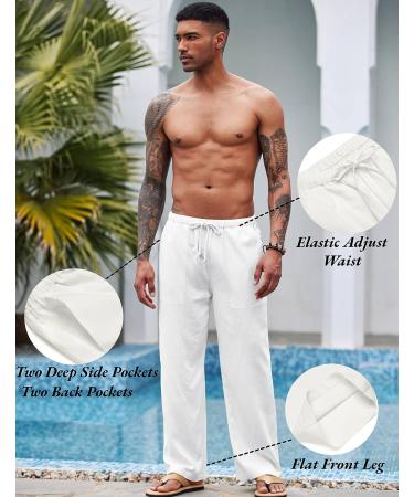 COOFANDY Men's Linen Beach Pants - Lightweight & Casual Elastic Waist Yoga Pants in White - Buy Online on GoSupps.com