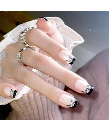 24Pcs/Set Black Glitter French Short Fake Nails Acrylic Fake Nails Full Cover Nails Tips Artificial Finger Manicure Press on nails for Women and Girls - Buy Online on GoSupps.com