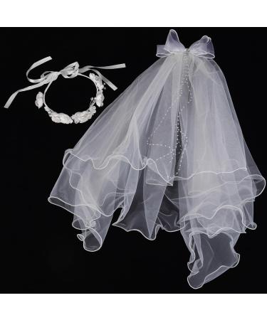 Merroyal Girls Communion Bow and Dangle Cross Charm with 24 Inch Veil on Hair Comb with White Floral Crown (Veil with Crsytal One Size) Veil With Crsytal One Size - Buy Online on GoSupps.com