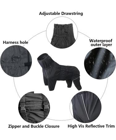 High Collar Waterproof Dog Raincoat Set | Minezi Hundred Coat | Reflex Stripes & Zippers | Black Medium (Back Length: 37-40cm) - Buy Online on GoSupps.com