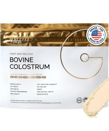 Folqs Bovine Colostrum Powder First-Day Milking for Immune & Gut Support 60 Servings Supports Skin & Tissue Health Made in USA - Amino Acids Vitamins Minerals Kosher - Sustainably Sourced