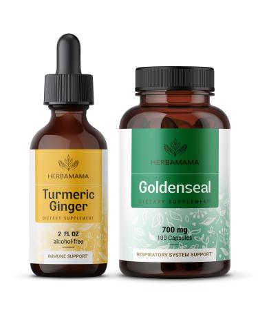 HERBAMAMA Turmeric Ginger and Goldenseal Kit - Bundle of Turmeric Ginger Tincture 2 fl oz and 700 mg Goldenseal Root Capsules - Vegan Non GMO Sugar & Alcohol-Free - 2 Pack