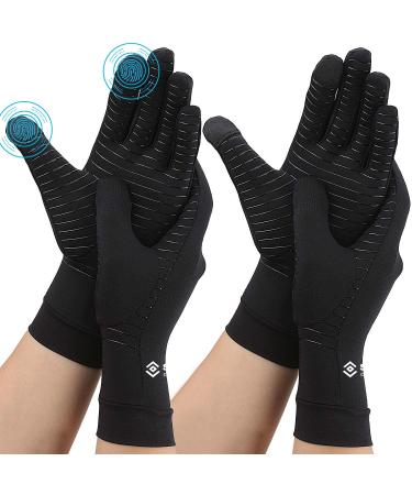 2 Pairs Compression Full Finger Arthritis Gloves Copper Glove with Touch Screen Fingers for Everyday Support Hand Joint Pain Carpal Tunnel Tendonitis Trigger Finger Fit for Men & Women (Large) Large (2 Pair) Black