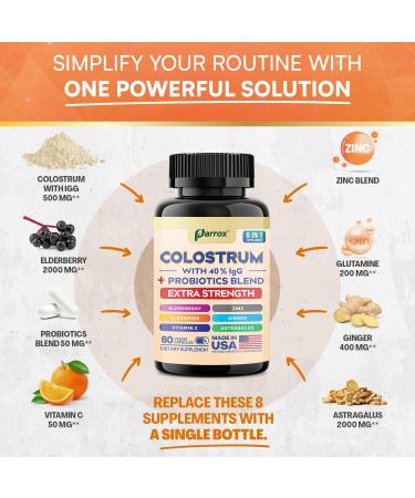 Colostrum Supplement Capsules Grass Fed Cow Colostrum with 40% IgG Probiotics Blend Elderberry Astragalus Zinc Ginger Vitamin C L-Glutamine 8 in 1 Extra Strength Bovine Boost (60 Caps) 60 Count (Pack of 1) - Buy Online on GoSupps.com