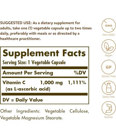 Solgar Vitamin C 1000mg - Healthy Immune System - Helps Fight Free Radicals - Vegan - Pack of 100 Capsules - Buy Online on GoSupps.com