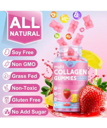 Multi Collagen Peptides Gummies Type I II III V X - Hydrolyzed Collagen Peptides with Biotin Hyaluronic Acid Supports Healthy Skin Strong Nails & Thick Hair 60 Count 1 Pack Strawberry 60 Count (Pack of 1) - Buy Online on GoSupps.com