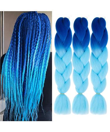 Jumbo Braiding Hair synthetic Ombre Braiding Hair 3 Pack 24 Inch High Temperature Synthetic Crochet Braids Hair Extensions(Blue/Sky Blue) 24 Inch Blue/Sky Blue