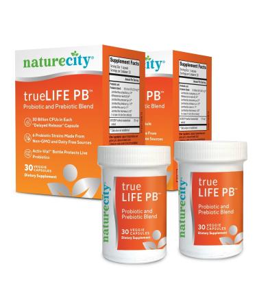 NatureCity True-Life-PB Shelf Stable Blend Prebiotics and Probiotics for Women and Men - Digestive Gut Health Supplements for Women and Men - Dairy Free - (60 Veggie Capsules) 1 Count (Pack of 60)