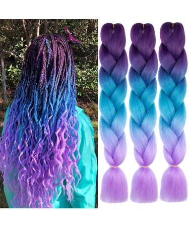Xiaofeng Braiding Hair Extensions for Women 3 Packs 100g/Pack 24Inch High Temperature Ombre Jumbo Synthetic Braiding Hair for Twist Crochet Braids (purple-lake blue-light purple-3Pcs) 24 Inch (Pack of 3) purple-lake blue-l…