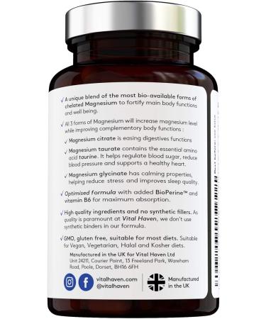 Max Absorption Magnesium Complex with Vitamin B6 - Premium Vegan Formula Made in UK - Triple Action Magnesium Citrate, Glycinate, Taurate with Bioperine - Buy Online on GoSupps.com