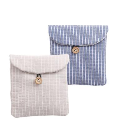 GRHOSE 2Packs Striped Period Bag with Wooden Button Morandi Color System Sanitary Napkin Storage Bag Menstrual Mini Bag for Teen Girls Women One Size Beige Blue