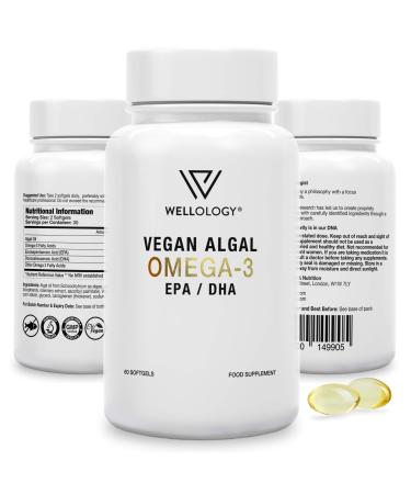Vegan Omega 3-1200mg Fermented Algae Oil - High Strength EPA DHA - Natures Purest Omega Fatty Acids - Contaminant-Free Alternative to Fish Oil Cod Liver Oil & Krill Oil - 60 Softgels by Wellology