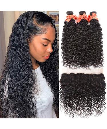 Water Wave Bundles with Frontal Virgin Human Hair Wet and Wavy Bundles with Frontal 13x4 Ear to Ear Lace Frontal and Bundles Brazilian Curly Bundles Hair Extensions Natural Color 20 22 24+18 Frontal 20 22 24+18 Water Wave …