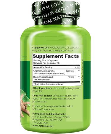NATURELO Ashwagandha Organic Root Powder - 90 Vegan Capsules - Stress Relief & Mood Enhancer Supplement with Black Pepper Extract - Buy Online on GoSupps.com