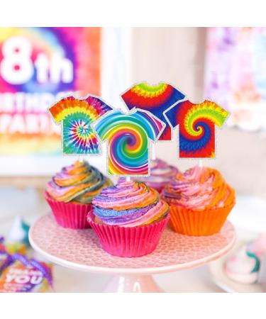 Kids' Hippie Tie Dye Themed Happy Birthday Cupcake Toppers Set of 18 - Rainbow Tie Dye Party Baby Shower Party and Birthday Party Groovy Carnival Decorations for Boys and Girls - SugarGera - Buy Online on GoSupps.com