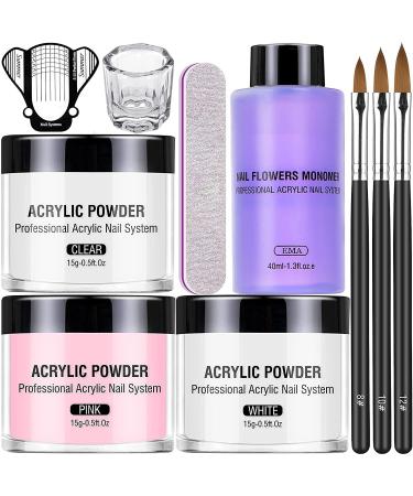 Acrylic Nail Kit Acrylic Powder and Liquid Set, Monomer Liquid Set with Nail Brush, Pink White Clear Nail Powder Kit for Acrylic Nails Extension Beginner set (Coloful)