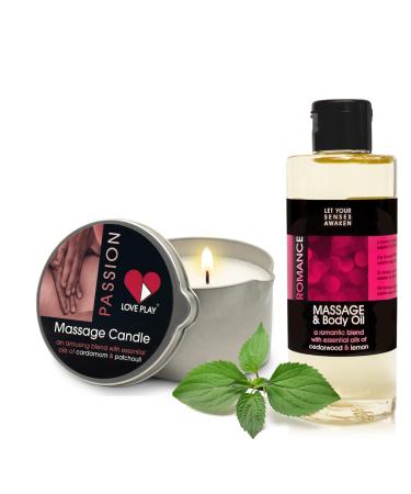 LOVE PLAY Set of Massage Oil for Sore Muscles and Massage Oil Candle for Pure Relaxation - Vegan Massage and Body Oils for Massage Therapy with Essential Oils 6.76 oz Each...