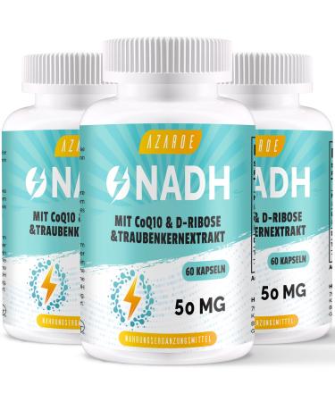NADH 50mg high-dose composed formula with coenzyme Q10 for cellular energy antioxidant support and ATP production 180 capsules (3-pack)