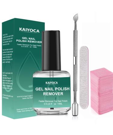 KAIYOCA Nail Polish Remover Gel Nail Polish Remover with Kit with Cuticle Pusher+ Nail Wipes+ Sand Files Quickly & Easily Removes Gel Nail Polish Within 3-5 Minutes 15ml gel polish remover kit