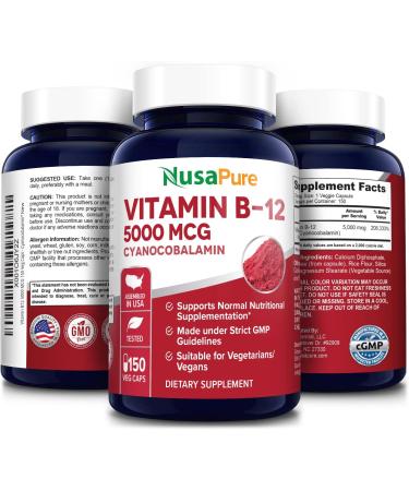 NusaPure Vitamin B12-5000 MCG 150 Veggie Capsules | Non-GMO & Gluten Free | Max Strength B12 Supplement - Buy Online on GoSupps.com