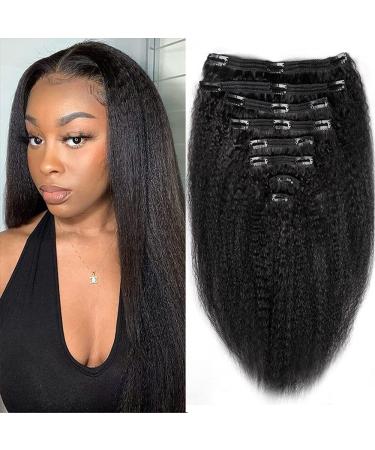 Tahikie Kinky Straight Clip In Hair Extensions Full Head for Black Women Brazilian Remy Yaki Human Hair Natural Black Color 8 Pcs 18 Clips 120 g(16 inch  Kinky Straight) 16 Inch Kinky Straight Hair