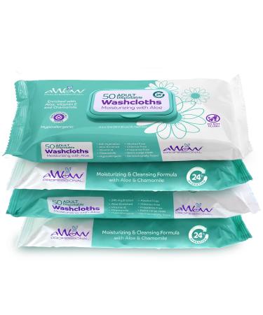 AWOW Wipes for Adults - 50 Large No Rinse Body Wipes for Adults Bathing, Camping Wipes, Adult Wipes for Incontinence, Post Workout Wipes for Women Men, Unscented (4 Adult Pack, 200 Wet Adult Wipes)