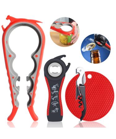 Jar Opener Gripper Rubber Jar Opener for Weak Hands 6-in-1 5-in-1 Jar Bottle Opener for Seniors Red