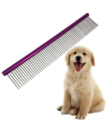 Pet Comb 10 inches Comfortable Grooming Comb with Different-Spaced Rounded Stainless Steel Teeth, Easy Grip and Convenient Grooming for Pets Dog Cat with Medium Coarse Fur - Purple