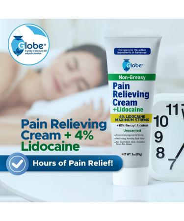Globe Pain Relieving Cream 4% Lidocaine | Maximum Strength Numbing Relief for Muscle Joint Backache & Soreness | Fast Acting Unscented 3oz - Buy Online on GoSupps.com