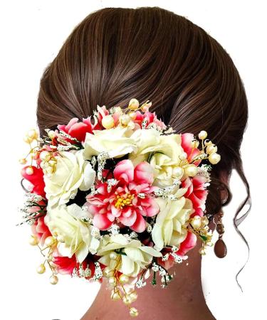 SHREEMEE Artificial Rose Flowers Pearl Hairpin/ Judapin/ Juda Bun For Wedding Bridal Hair Accessories For Women and Girls- Red and Cream - Buy Online on GoSupps.com