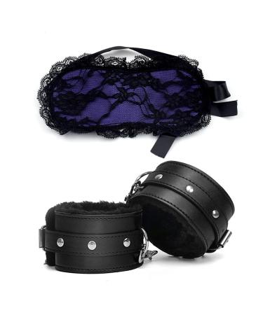 Black Adjustable Fluffy Handcuffs - Satin Eye Blindfold Mask - Eye Satin Mask - Faux Leather Fluffy Handcuffs