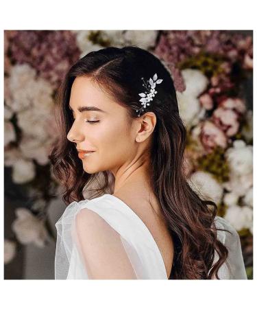 Dervivea Wedding Pearl Flower Hair Comb Silver bridal Leaf Hair Combs Headpiece Vintage Pearl Side Comb Crystal Rhinestone Hair Comb Decorative Hair Accessories for Women and Girls Headdress (Silver)